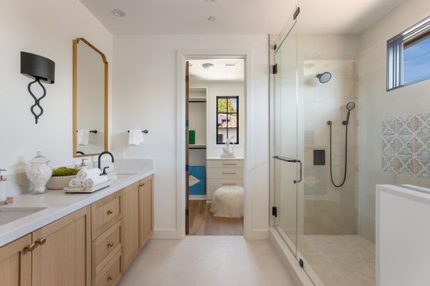 Bathroom, Dual Sink Vanities, Glass Shower, Interior, Recessed Lighting, Wood Texture Flooring