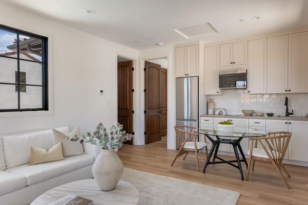 Dining room, Interior, Kitchen, Living room, Recessed Lighting, Stainless Steel Appliances, Wood Texture Flooring