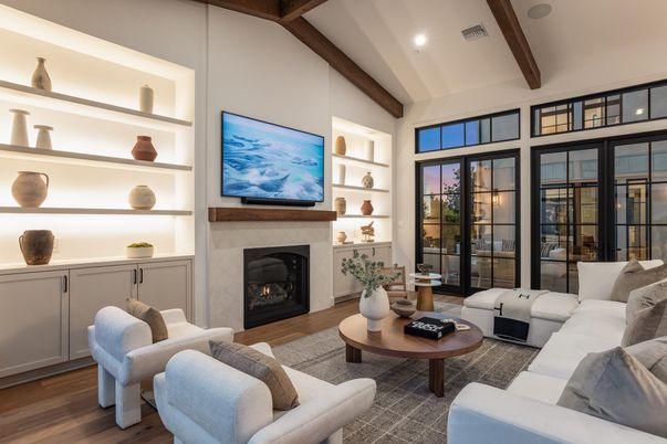 Fireplace, Interior, Living room, Recessed Lighting, Wooden Beams, Wood Texture Flooring