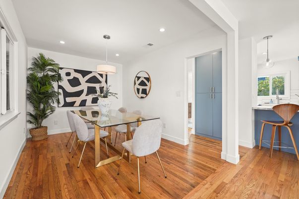 Dining room, Interior, Pendant Lights, Recessed Lighting, Wood Texture Flooring