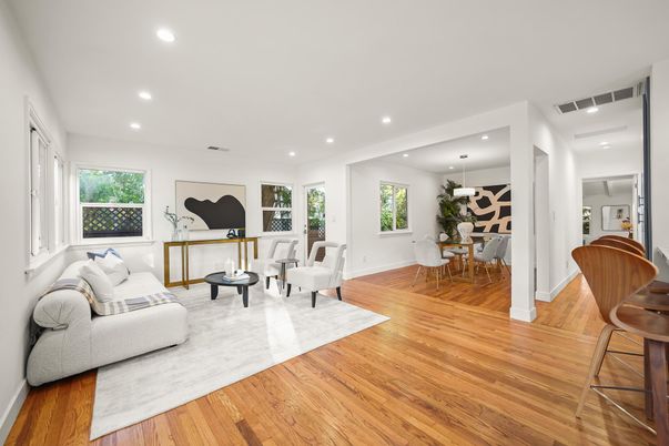 Dining room, Interior, Living room, Recessed Lighting, Wood Texture Flooring