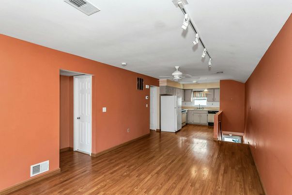 Empty room, Interior, Kitchen, Pendant Lights, Recessed Lighting, Wood Texture Flooring