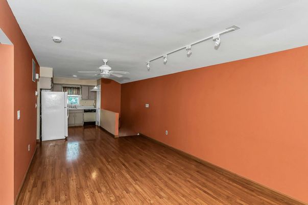 Empty room, Interior, Kitchen, Recessed Lighting, Wood Texture Flooring