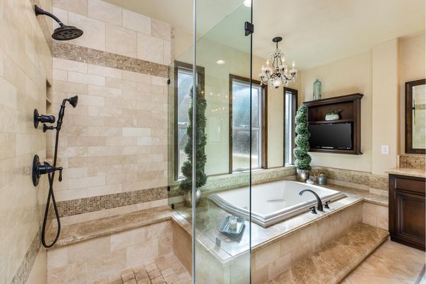 Bathroom, Chandelier, Glass Shower, Interior, Recessed Lighting, Stone Walls