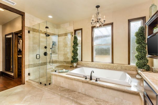 Bathroom, Chandelier, Glass Shower, Interior, Recessed Lighting, Wood Texture Flooring