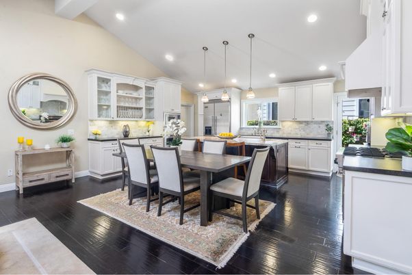 Dining room, Interior, Kitchen, Pendant Lights, Recessed Lighting, Stainless Steel Appliances, Wood Texture Flooring