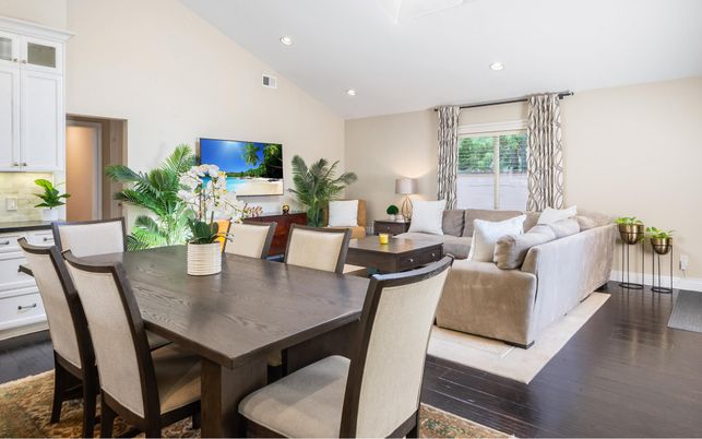 Dining room, Interior, Living room, Recessed Lighting, Wood Texture Flooring