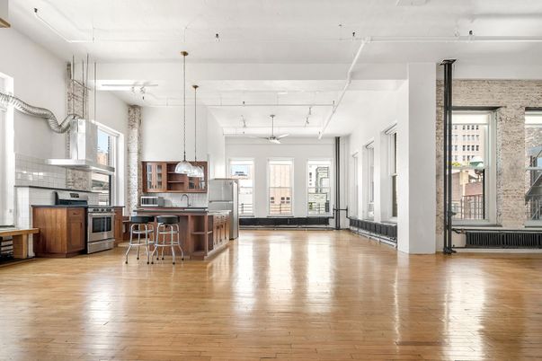 Interior, Kitchen, Pendant Lights, Stainless Steel Appliances, Stone Walls, Wood Texture Flooring