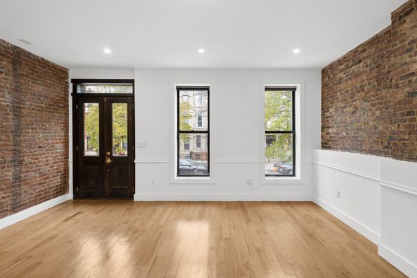 Empty room, Interior, Recessed Lighting, Stone Walls, Wood Texture Flooring