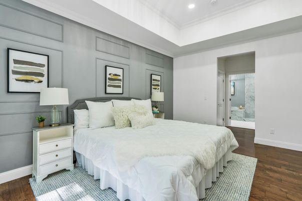 Bedroom, Interior, Recessed Lighting, Wood Texture Flooring