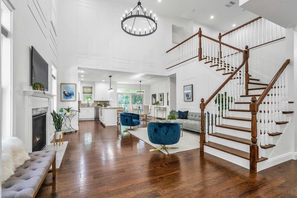 Fireplace, Interior, Living room, Pendant Lights, Recessed Lighting, Wood Texture Flooring
