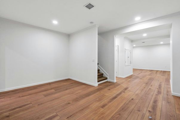 Empty room, Interior, Recessed Lighting, Wood Texture Flooring