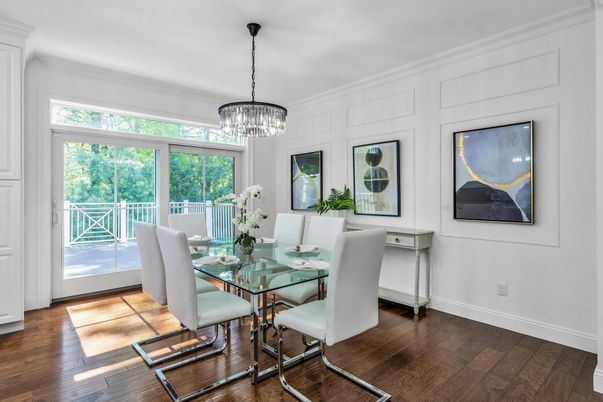 Chandelier, Dining room, Interior, Pendant Lights, Wood Texture Flooring