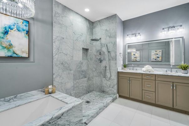 Bathroom, Dual Sink Vanities, Glass Shower, Interior, Marble, Marble Walls, Recessed Lighting