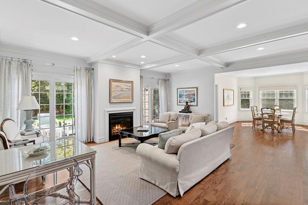 Dining room, Fireplace, Interior, Living room, Recessed Lighting, Wood Texture Flooring