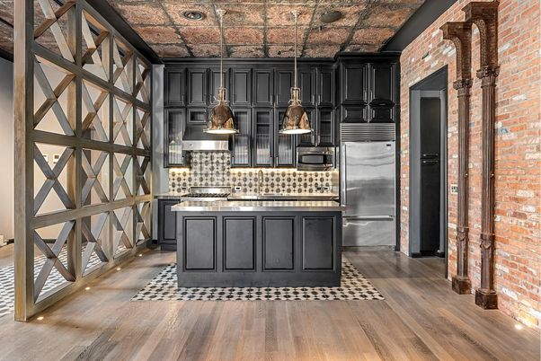 Interior, Kitchen, Pendant Lights, Stainless Steel Appliances, Stone Walls, Wood Texture Flooring