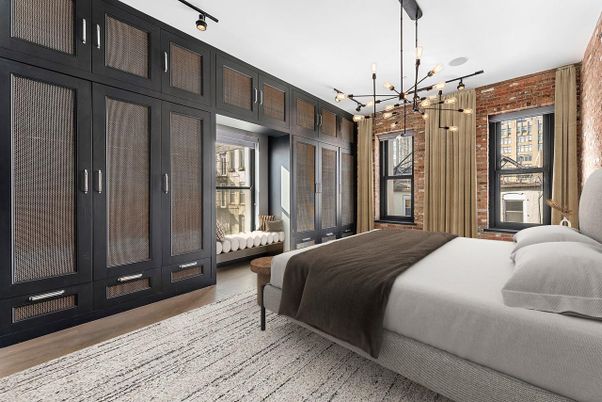 Bedroom, Interior, Pendant Lights, Wood Texture Flooring