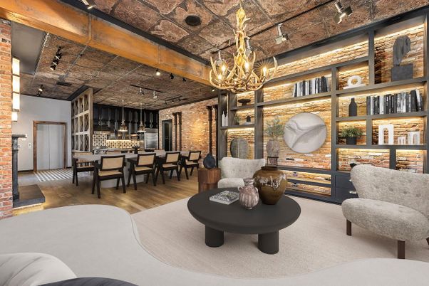 Chandelier, Dining room, Interior, Kitchen, Pendant Lights, Stone Walls, Wood Texture Flooring