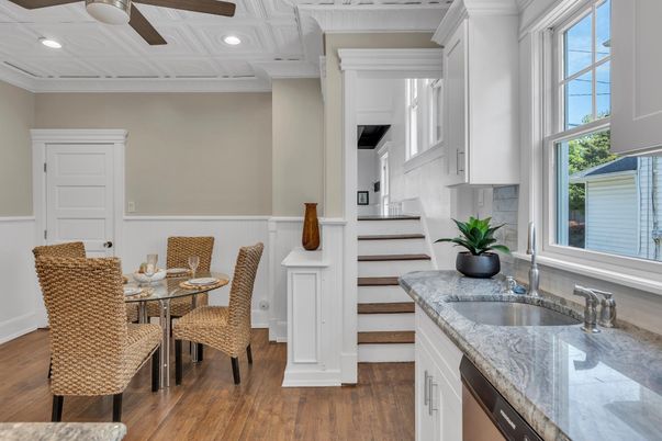 Dining room, Interior, Recessed Lighting, Wood Texture Flooring