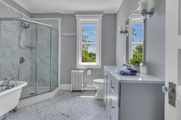 Bathroom, Free Standing Baths, Glass Shower, Interior, Marble, Marble Walls