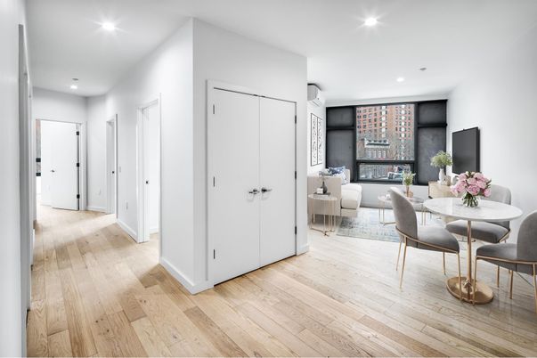 Dining room, Interior, Living room, Recessed Lighting, Wood Texture Flooring