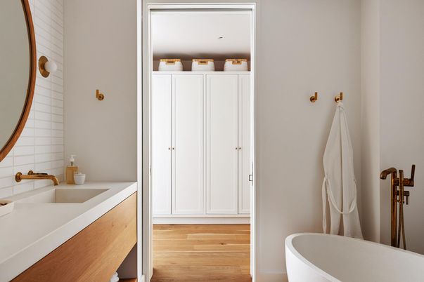 Bathroom, Free Standing Baths, Interior, Wood Texture Flooring