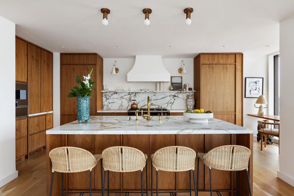 Interior, Kitchen, Marble Walls, Recessed Lighting, Wood Texture Flooring