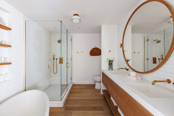 Bathroom, Free Standing Baths, Glass Shower, Interior, Wood Texture Flooring