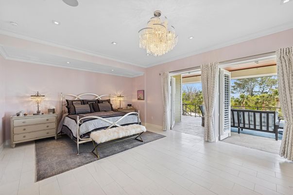 Bedroom, Chandelier, Interior, Recessed Lighting, Wood Texture Flooring