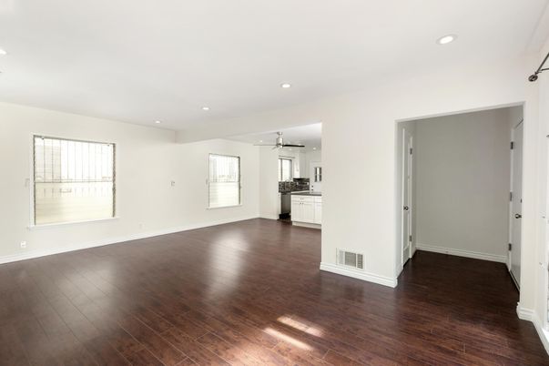 Empty room, Interior, Kitchen, Pendant Lights, Recessed Lighting, Wood Texture Flooring