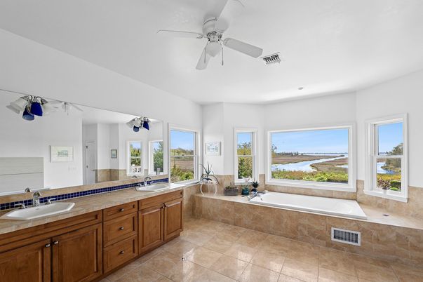 Bathroom, Dual Sink Vanities, Interior, Recessed Lighting, Tile Countertops