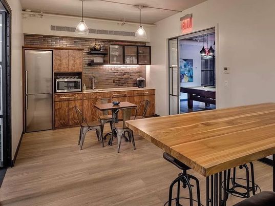 Dining room, Interior, Kitchen, Pendant Lights, Stainless Steel Appliances, Wood Texture Flooring