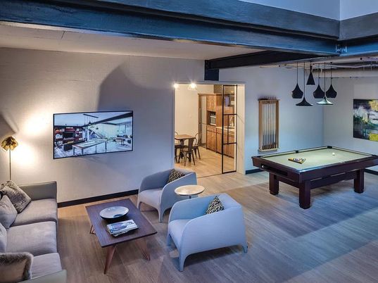 Billiard Table, Game Room, Interior, Living room, Pendant Lights, Wood Texture Flooring
