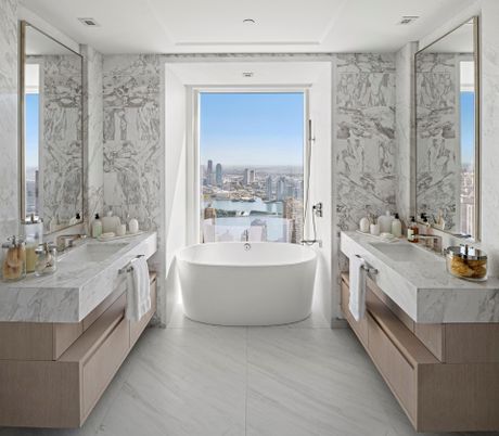 Bathroom, Dual Sink Vanities, Free Standing Baths, Interior, Marble, Marble Walls, Recessed Lighting