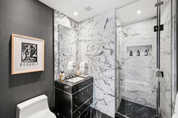 Bathroom, Glass Shower, Interior, Marble, Marble Walls, Recessed Lighting