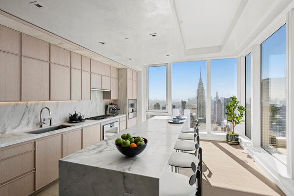 Interior, Kitchen, Marble Walls, Recessed Lighting, Stainless Steel Appliances, Wood Texture Flooring