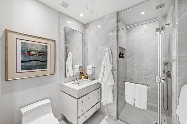 Bathroom, Glass Shower, Interior, Marble, Marble Walls, Recessed Lighting