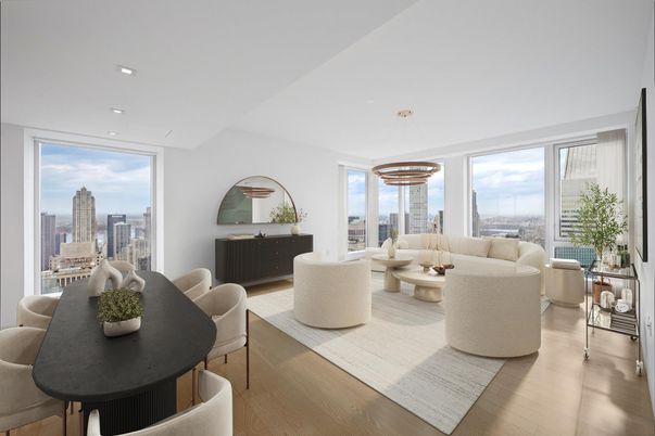 Dining room, Interior, Living room, Pendant Lights, Recessed Lighting, Wood Texture Flooring