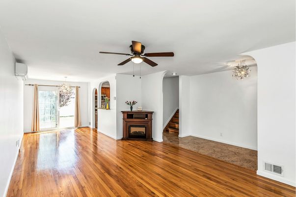 Chandelier, Empty room, Fireplace, Interior, Wood Texture Flooring