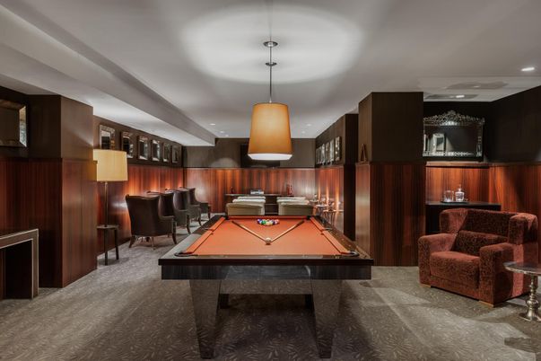 Billiard Table, Game Room, Interior, Pendant Lights, Recessed Lighting, Wooden Walls