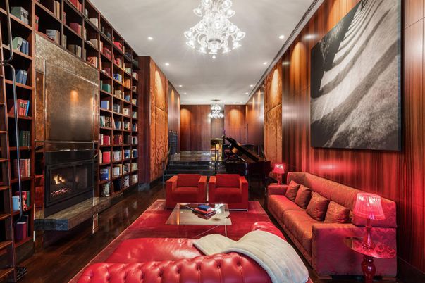Chandelier, Fireplace, Interior, Living room, Piano, Recessed Lighting, Wood Texture Flooring, Wooden Walls