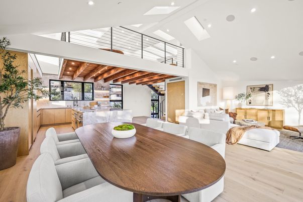 Dining room, Interior, Kitchen, Living room, Recessed Lighting, Wooden Beams, Wooden Ceilings, Wood Texture Flooring