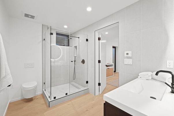Bathroom, Glass Shower, Interior, Recessed Lighting, Wood Texture Flooring
