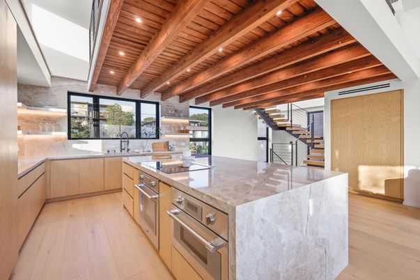 Interior, Kitchen, Recessed Lighting, Stainless Steel Appliances, Wooden Beams, Wooden Ceilings, Wood Texture Flooring
