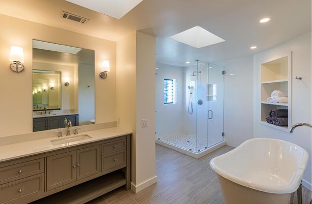 Bathroom, Dual Sink Vanities, Free Standing Baths, Glass Shower, Interior, Recessed Lighting, Wood Texture Flooring