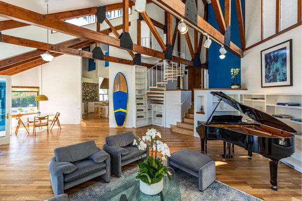 Dining room, Interior, Living room, Pendant Lights, Piano, Wooden Beams, Wood Texture Flooring