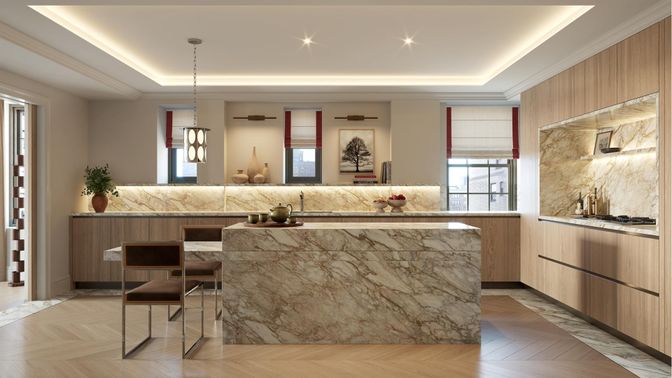 Interior, Marble Walls, Pendant Lights, Recessed Lighting, Wood Texture Flooring
