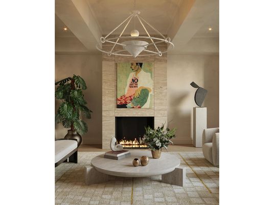 Fireplace, Interior, Living room, Pendant Lights, Recessed Lighting, Stone Walls
