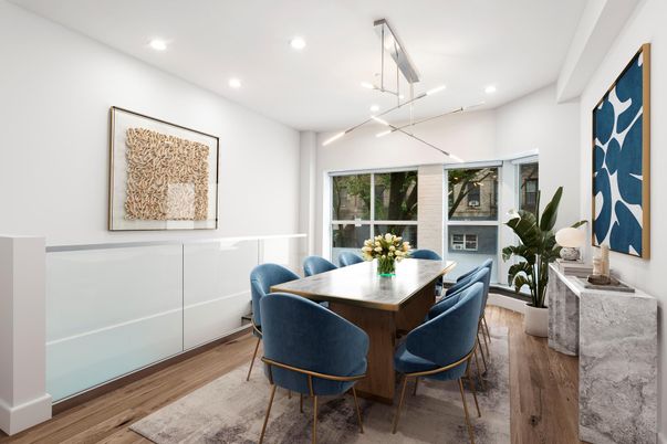 Dining room, Interior, Pendant Lights, Recessed Lighting, Wood Texture Flooring