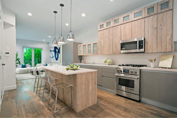 Interior, Kitchen, Living room, Pendant Lights, Recessed Lighting, Stainless Steel Appliances, Wood Texture Flooring